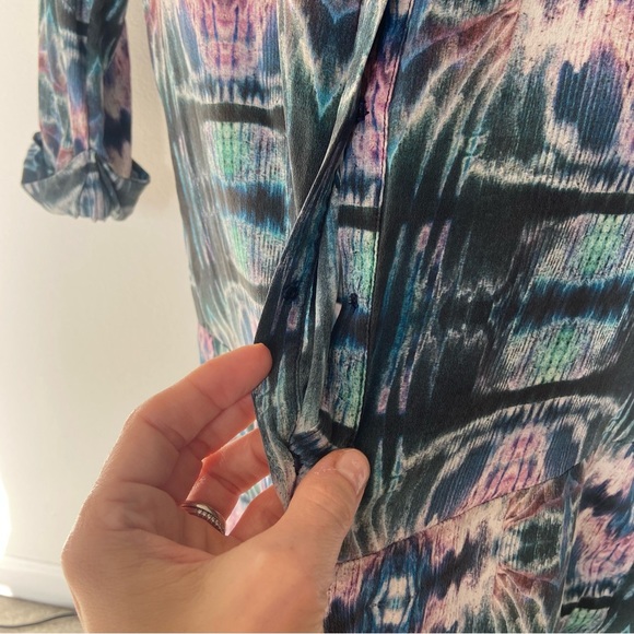Rory Beca 100% Silk Tunic Top Teal Turquoise Purple Green Tie-Dye Marble Shirt - Picture 3 of 9